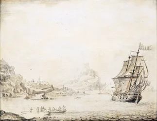 Et britisk skip utenfor kysten av Satalia (Tyrkia), i 1677, omgitt av en steinete kystlinje, med gamle bymurer og minareter. Olje på tre.