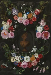 Cartouche dekorert med swags og sprøyter av blomster
