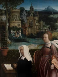 Detalj av giver med Saint Nicholas og donors hustru med Saint Godeliva, ca. 1515-21 (olje på panel)