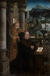 Detalj av giver med Saint Nicholas og donors hustru med Saint Godeliva, ca. 1515-21 (olje på panel)
