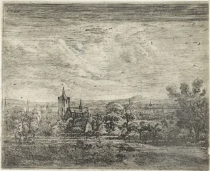 Utsikt over landsbyen med en kirke