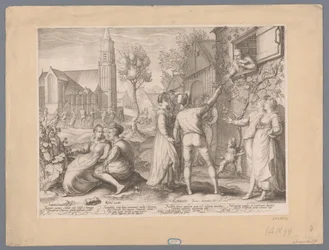 Jonge paren die poulet make en dansen, 1596 Enorme panas stolich under Moses Choragi Mereriti Choreis, pana dolenda venit (...) (tittel på objekt)