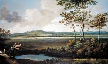 Et omfattende landskap med en bekk og hester som beiter (olje på lerret)