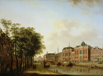 Houtgracht, nå Jonas Daniël Meijerplein, Amsterdam, med de askenasiske synagogene, arsenalet, den portugisiske synagogen og seilende lektere