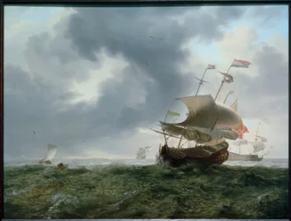 Slagskip og fiskebåter i stormende hav