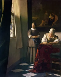 Dame som skriver et brev med sin tjenestepike