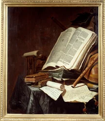 Bøker og musikkinstrumenter Maleri av Jan Vermeulen (1638-1674) 1600-tallet søn. 0,78x0,69 m Nantes, musee des Beaux Arts