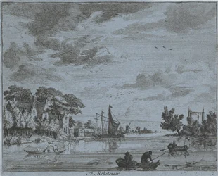 Forretninger ved en elv Te, skolegutt (tittel på objekt) Landskap i Haarlem-området (serietittel) Gesigten utenfor Haarlem, Utført av. J.V.V. (serietittel på objekt)