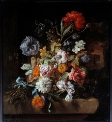 Bukett med blomster avsatt på en steinbenk Maleri av Jan Weenix (1640-1719) 1694 Søn. 0,74x0,67 m Lyon, Musee des Beaux Arts