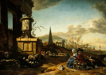 Italiensk havn (olje på panel)