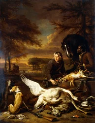 Jaktbytte med en jakttjener og en svart pasje som holder en brun hest, 1700