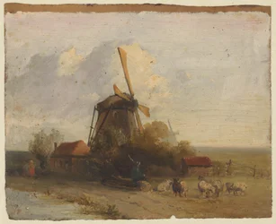 Landskap med en mølle og en gjeter med sauer