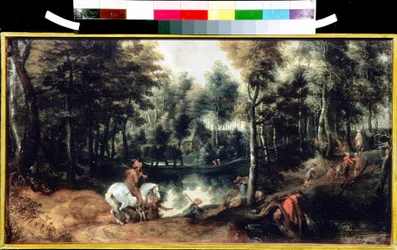 Ryttere i en skog. Maleri av Jan Wildens (1586-1653). Olje på tre, 32,5 x 59,3 cm, ca 1620. Flamsk kunst fra 1500-1700-tallet. Pushkin Museum of Fine Arts, Moskva.