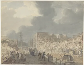 Utsikt over ruinene på Rapenburg i Leiden etter eksplosjonen av kruttskipet 12. januar 1807