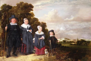 Gruppeportrett av en familie (olje på panel)