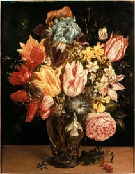 Tulipanbukett. Maleri av Jan Bruegel (eller Breugel, Brueghel eller Breughel) den eldre, kjent som Bruegel de Velours (1568-1625). 17. århundre. Privat samling