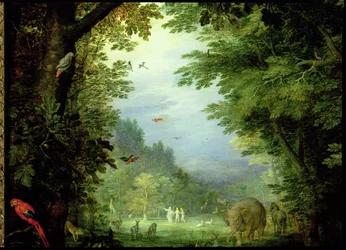 Earth or The Earthly Paradise, detalj av Adam og Eva med Gud og andre dyr, 1607-08 olje på kobber detalj av 93899