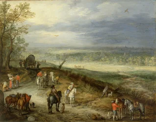 Omfattende landskap med reisende på en landevei, ca. 1608–10 (olje på kobber)