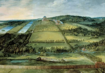 Landskap med Chateau Mariemont Chateau nå detruit som ligger i nærheten av Brussel. Maleri av Jan Brueghel The Elder (eller lyske eller gammel), kalt Brueghel de Velours (1568-1625)