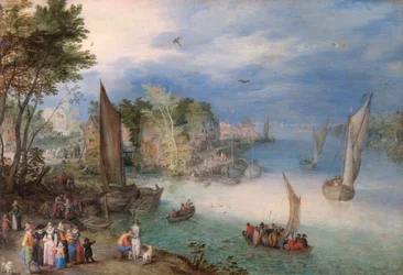 Elvescene med båter og figurer