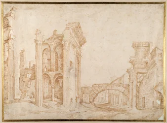 Ruinene av det gamle Forum i Nerva, Roma ('Forum Transiterius') i det fjerne fra Campanile SS. Quirico og Giuletta (penn og blekk på papir)