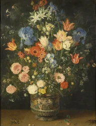 Stilleben med blomster i en skulpturert krukke, ca. 1620-24