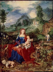 Den hellige familie med jomfrudyr som blar i en bok, og holder Jesusbarnet, omgitt av en hund, rev, fugler, krabbe, ugle, papegøye; frosk, snegl og iris. Maleri av Jan Breugel den eldre kaller Bruegel de Velours (Brueghel eller Breughel