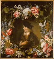 Portrett av en ung mann omgitt av blomster (maleri på eik)