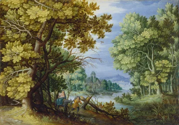 Skoglandskap med flukt til Egypt, ca. 1620–50 (olje på kobber)