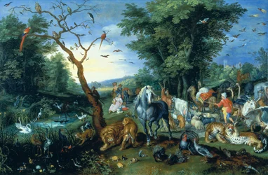 Dyrenes inntreden i Noahs ark (olje på panel)