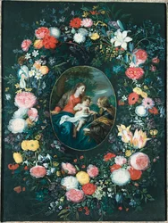 St. Catherines mystiske ekteskap i et landskap, omgitt av en blomsterkrans