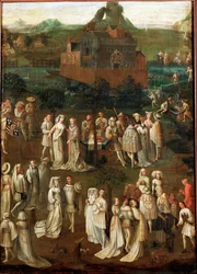 Hoffselskap foran et burgundisk slott (olje på tre)