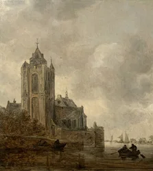 En kirke ved bredden av en elv.