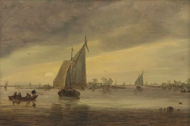 Soloppgang over Haarlemmermeer med et schmalskip og andre båter