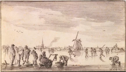 Vinterlandskap med skøyteløpere og fiskere