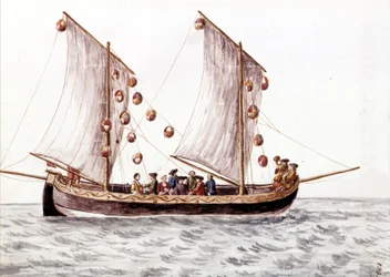 En venetiansk trabac med lanterner, fiskebåt brukt i grunt vann som Adriaterhavet, akvarelltegning og blekk fra manuskriptet "" Venitianernes skikker"" av Jan van Grevenbroeck (eller Giovanni Grevembroch (Grevenbroch) (1731-1807)