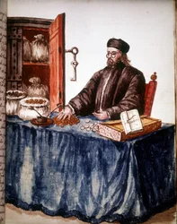 En bankmann i Venezia. Akvarelltegning og blekk fra manuskriptet "Venitianernes skikker"" av Jan van Grevenbroek (eller Giovanni Grevenbroich (Grevenbroich) (1731-1807)