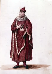 En doge på 1000-tallet. Akvarelltegning og blekk fra manuskriptet "Venitianernes skikker"" av Jan van Grevenbroek (eller Giovanni Grevenbroich (Grevenbroich) (1731-1807)