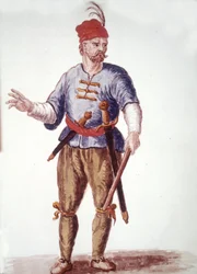 Et galleri på 1700-tallet. Akvarelltegning og blekk fra manuskriptet "Venitianernes skikker"" av Jan van Grevenbroeck (eller Giovanni Grevembroch (Grevenbroch) (1731-1807)