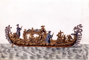 En kongelig gondol. Akvarelltegning og blekk fra manuskriptet "Venitianernes skikker"" av Jan van Grevenbroek (eller Giovanni Grevenbroich (Grevenbroich) (1731-1807)