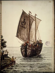 Pilegrimenes båt. Akvarelltegning og blekk fra manuskriptet "Venitianernes skikker"" av Jan van Grevenbroek (eller Giovanni Grevenbroich (Grevenbroich) (1731-1807)