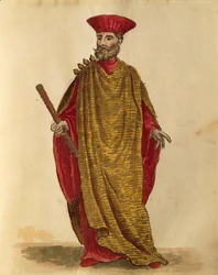 Capitano Generale Da Mar (generalkaptein for marinen) av Serenissima-republikken Venezia, av Jan van Grevenbroeck eller Giovanni Grevembroch (1731-1807), Gli Donne de Veneziani, fra illustrert kostymebok, akvarell
