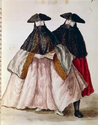 Karnevalskarakterer i Venezia, illustrasjon fra illustrert bok med venetianske kostymer, av Jan Grevenbroeck (1731-1807), akvarell, Italia