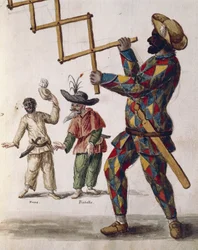 Harlekin, Commedia dell'arte-karakter, illustrasjon fra illustrert bok med venetianske kostymer, av Jan Grevenbroeck (1731-1807), akvarell, Italia