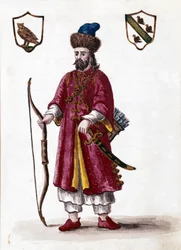 Marco Polo. Akvarelltegning og blekk fra manuskriptet "Venitianernes skikker"" av Jan van Grevenbroek (eller Giovanni Grevenbroich (Grevenbroich) (1731-1807)
