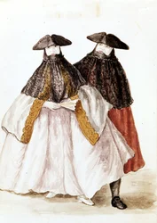 Masker av karneval i Venezia. Akvarelltegning og blekk fra manuskriptet "Venitianernes skikker"" av Jan van Grevenbroek (eller Giovanni Grevenbroich (Grevenbroich) (1731-1807)