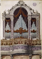 Foreldreløse som synger, orgel for koret i kirken Ospedale della Pieta, Venezia (koret av foreldreløse barn) Akvarelltegning og blekk fra manuskriptet "Venitianernes skikker"" av Jan van Grevenbroeck (eller Giovanni Grevembroch (Grevenbroch) (1731- 1807)