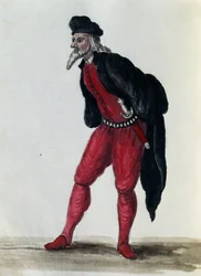 Pantaloon, Merchant of Venice, illustrasjon fra Costumes of Venetians i nesten alle aldre, flittig samlet og malt på 1700-tallet, Giovanni di Grevembroch (1731-1807)