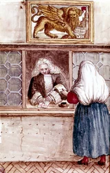 Pantelåner. fromhetsfjellet i Venezia. Akvarelltegning og blekk fra manuskriptet "Venitianernes skikker"" av Jan van Grevenbroeck (eller Giovanni Grevembroch (Grevenbroch) (1731-1807)