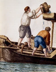 Sikting av kanalvann på leting etter tapte gjenstander, illustrasjon fra illustrert bok med venetianske kostymer, av Jan Grevenbroek (1731-1807), akvarell, Italia